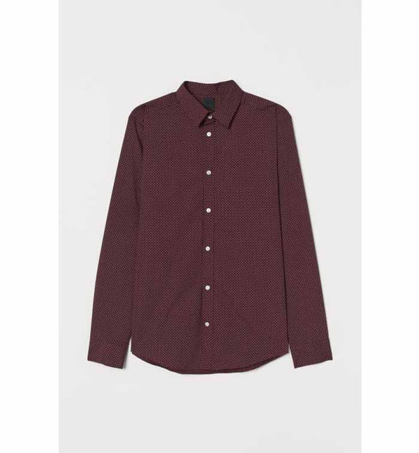 H&M- Men Slim Fit Easy-Iron Shirt- Burgundy/White Dotted