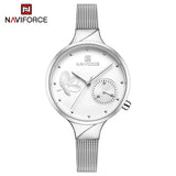 NAVIFORCE- Ladies Rhinestone Stainless Steel Chronograph Wrist Watch With Brand Box - NF5001 Silver