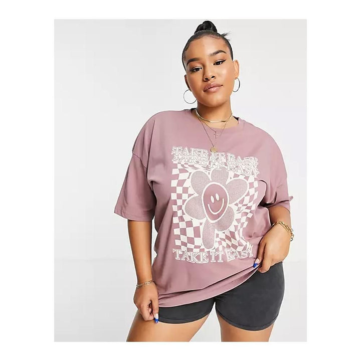 Asos- Design Curve Oversized T-Shirt With Take It Easy Print In Brown