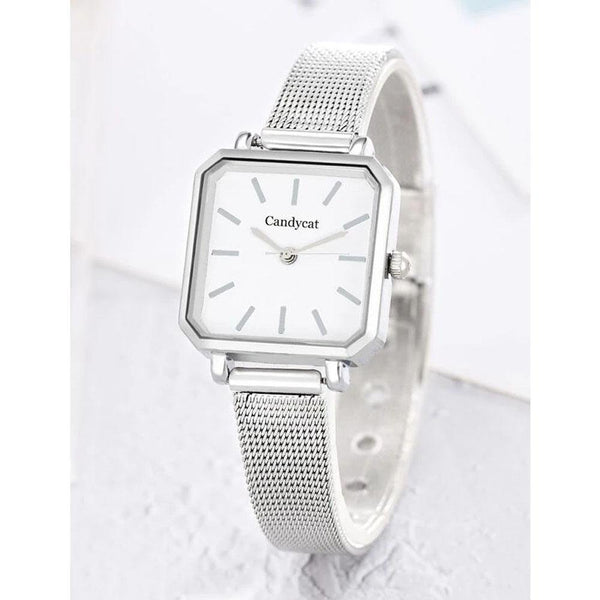 Shein- Mesh Strap Square Pointer Quartz Watch