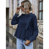 Shein- Eyelet Embroidery Ruffle Hem Babydoll Blouse-Navy Blue