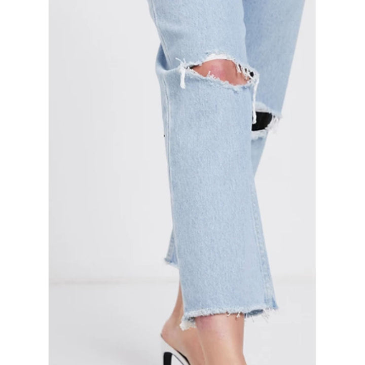 Asos Design- Recycled Florence Authentic Straight Leg Jeans in Bright Lightwash Blue with Rips and Raw Hem