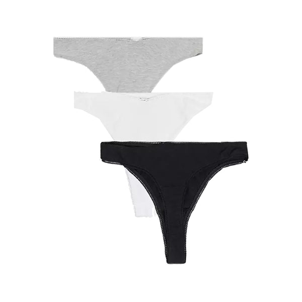 Asos- 3 pack cotton high leg thong with dipped front in black white & grey