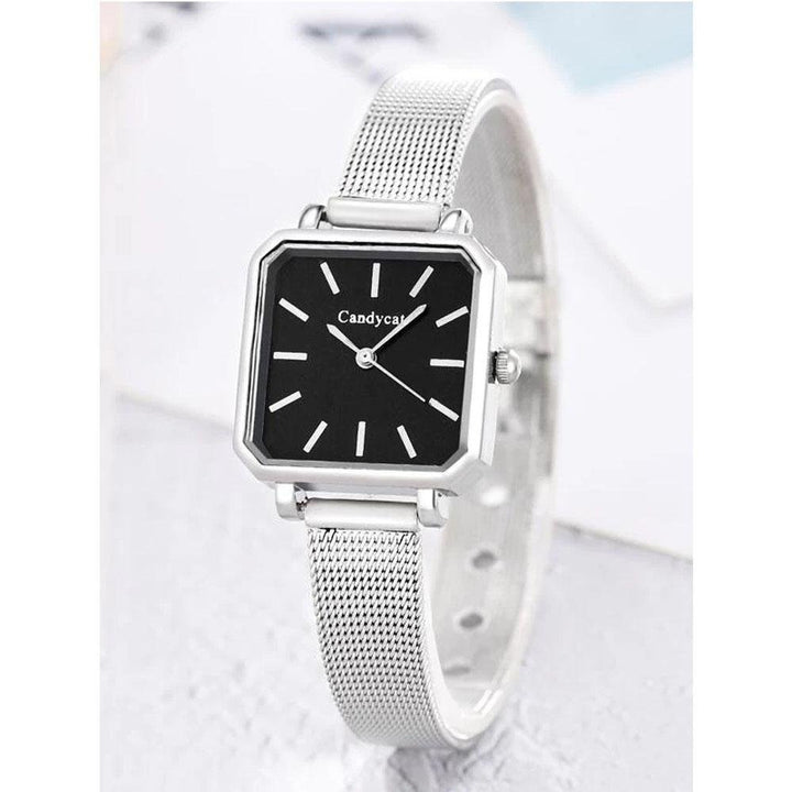 Shein- Mesh Strap Square Pointer Quartz Watch- Silver