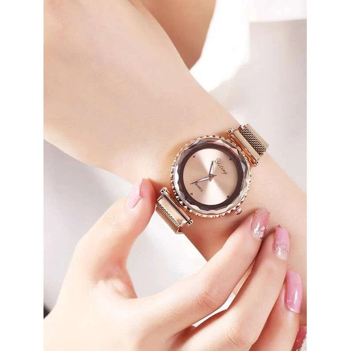 Shein- Mesh Strap Round Pointer Quartz Watch- Rose Gold