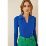 Montivo Blue Polo Corduroy Knitted Blouse