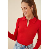 Montivo Red Polo Corduroy Knitted Blouse