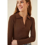 Montivo Brown Polo Corduroy Knitted Blouse