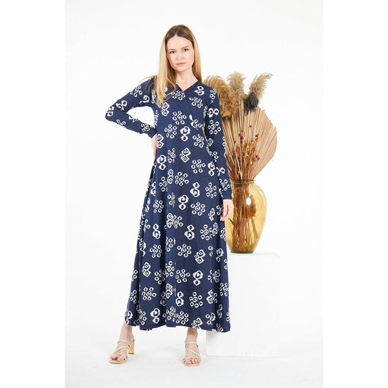Montivo - Blue Printed Double Breasted Long Dress