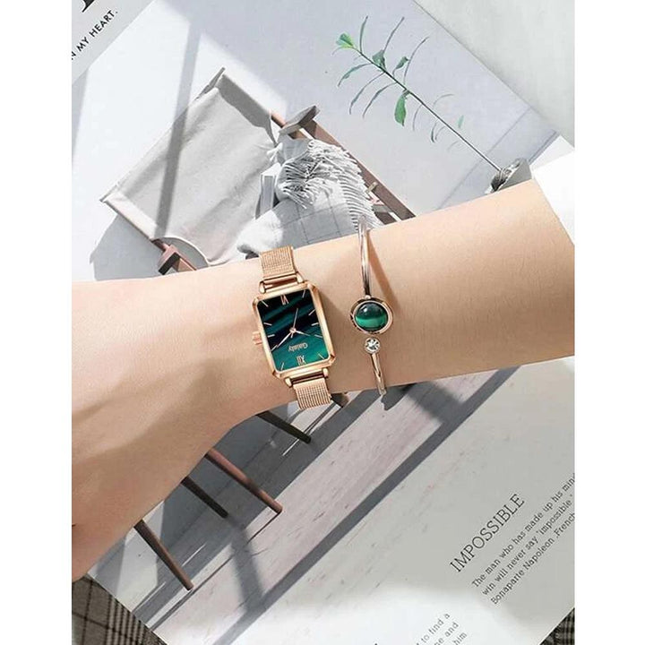 Shein- 1pc Mesh Strap Rectangle Quartz Watch & 1pc Bracelet