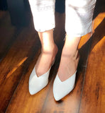 Ovolo- White Pointy Toe Block Heel Mules by Ovolo priced at #price# | Bagallery Deals