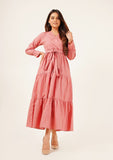 Nine90nine- V-Neck Tie Waist Dress - Tea Pink