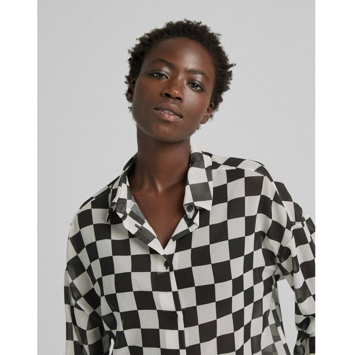 Bershka- Long-sleeved chiffon-effect shirt with check print