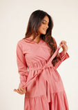 Nine90nine- V-Neck Tie Waist Dress - Tea Pink