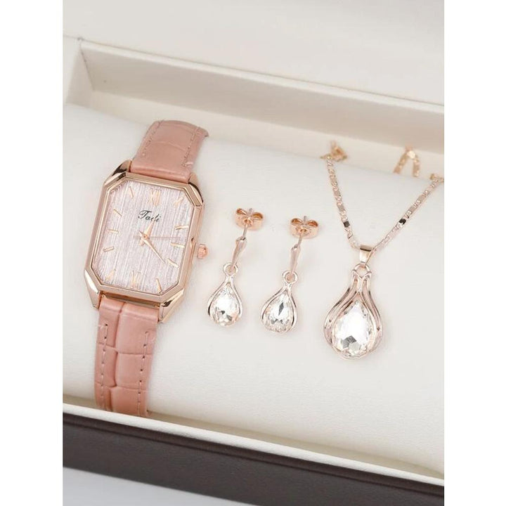 Shein- 1pc Minimalist Rectangle Pointer Quartz Watch & 3pcs Jewelry Set