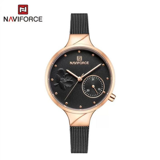 NAVIFORCE- NF5001 Waterproof Elegant Women Wrist Watch Genuine Leather Strap Quartz Watch - Gold Black