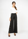 Nine90nine- Wide Leg Side Slit Pant (Metal Button) - Black