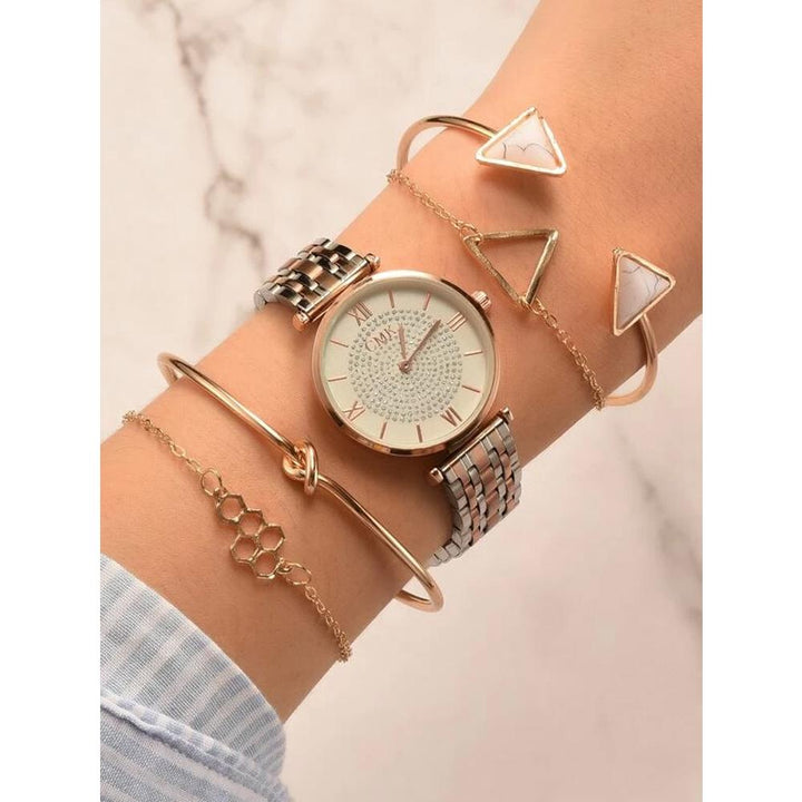 Shein- Rhinestone Decor Two Tone Quartz Watch & 4pcs Bracelet