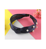 Trendy Pearl Headband Plain Silk Colors Cloth Hair Band Bezel For Women- Navy Blue