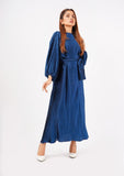 Nine90nine- Pleated Puff Sleeve Dress With Belt  - Sapphire Blue (Pleated Farbic)