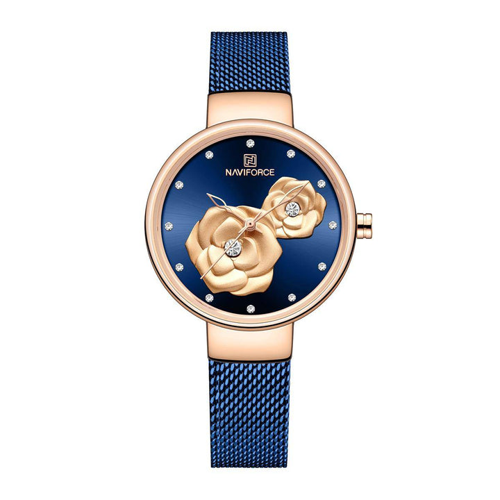 Naviforce- Luxury Creative Design Mesh Steel Band Wrist Watch With Brand Box - NF5013 Blue Gold