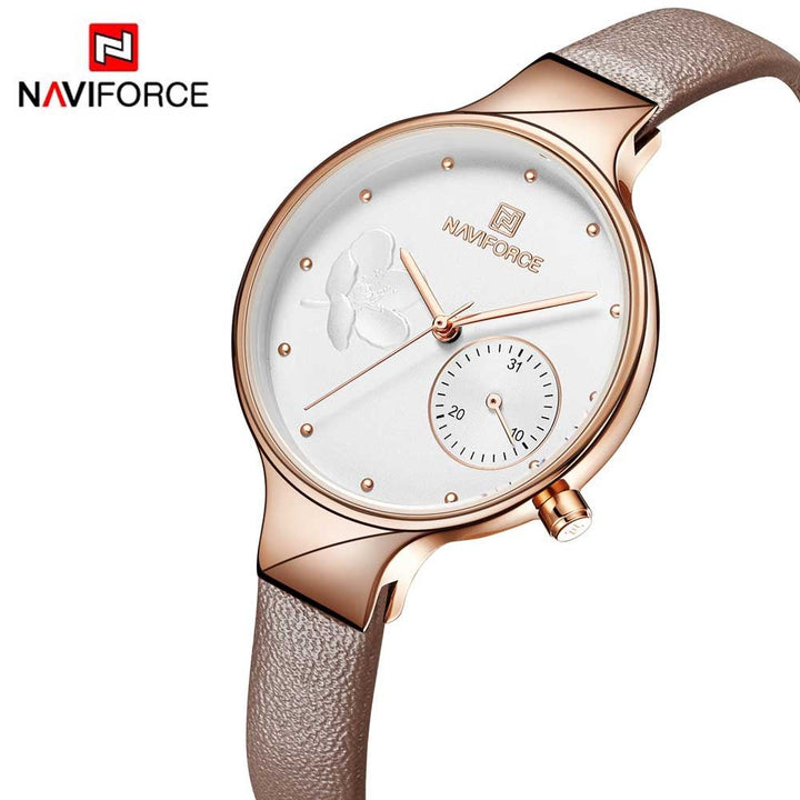 Naviforce- NF5001 beautiful Flower female quartz watch weird Genuine Leather Strap Waterproof Calendar ultra slim Casual watch Rose Pink