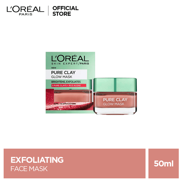 L'Oreal Paris Pure Clay Red Face Mask with Red Algae, Exfoliates and Brightens Pores 50 ml