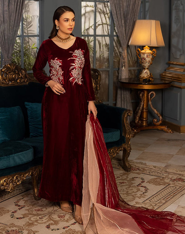 Hemstitch- Maroon Velvet Frock– Single Piece