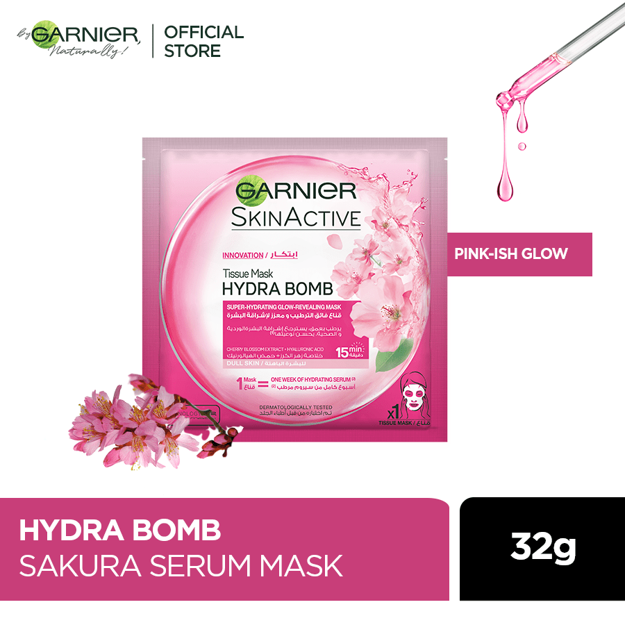 Garnier- Skin Active Hydra Bomb Sakura Tissue Face Mask, Hydrating and Glow Boosting, 32g