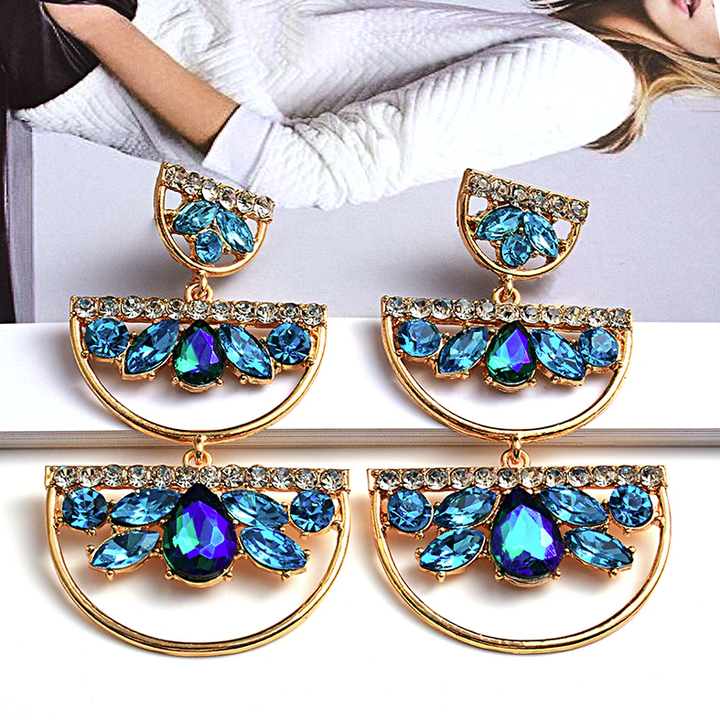 The Marshall -Golden Blue Rhinestone Statement Earrings for Women - TM-E-82-Be