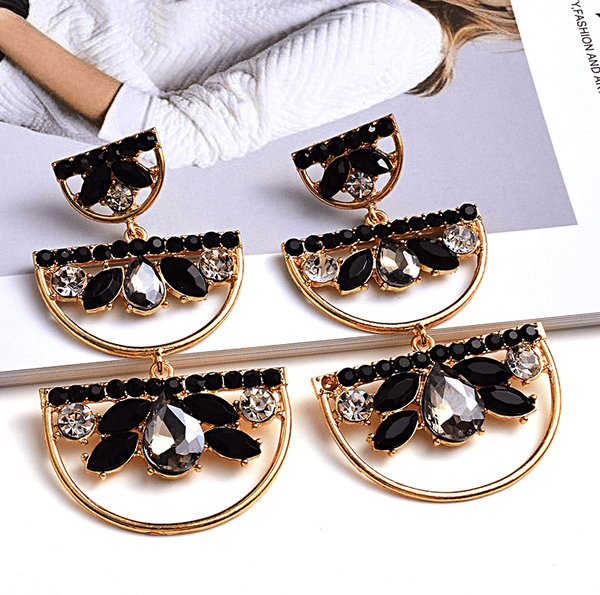 The Marshall- Golden Black Rhinestone Statement Earrings for Women - TM-E-82-Bk