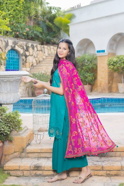 Copy of Tulsi Embroidered Viscose Schiffli Shirt With Fancy Embroidered Polly Duppata TUL-006