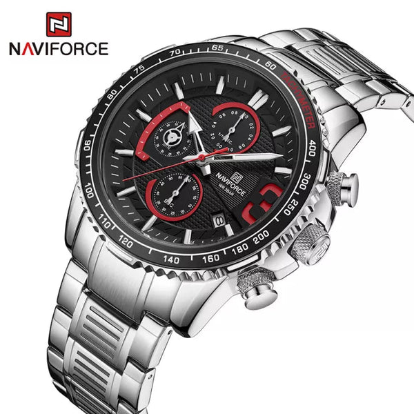 NAVIFORCE- NF8017 Mens Watch Business Casual Fashion Multifunction 30M Waterproof Silver Black Stainless Steel Watches for Men Quartz Watches