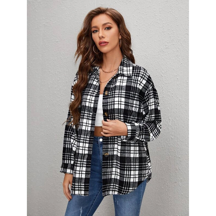 Shein Drop Shoulder Plaid Print Coat