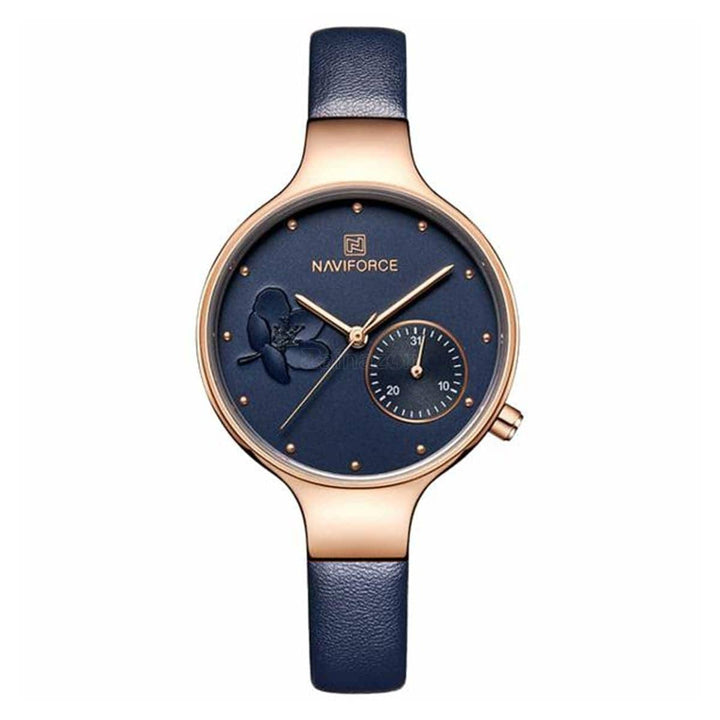 NAVIFORCE- NF5001 Waterproof Elegant Women Wrist Watch Genuine Leather Strap Quartz Watch - Rose Gold Blue