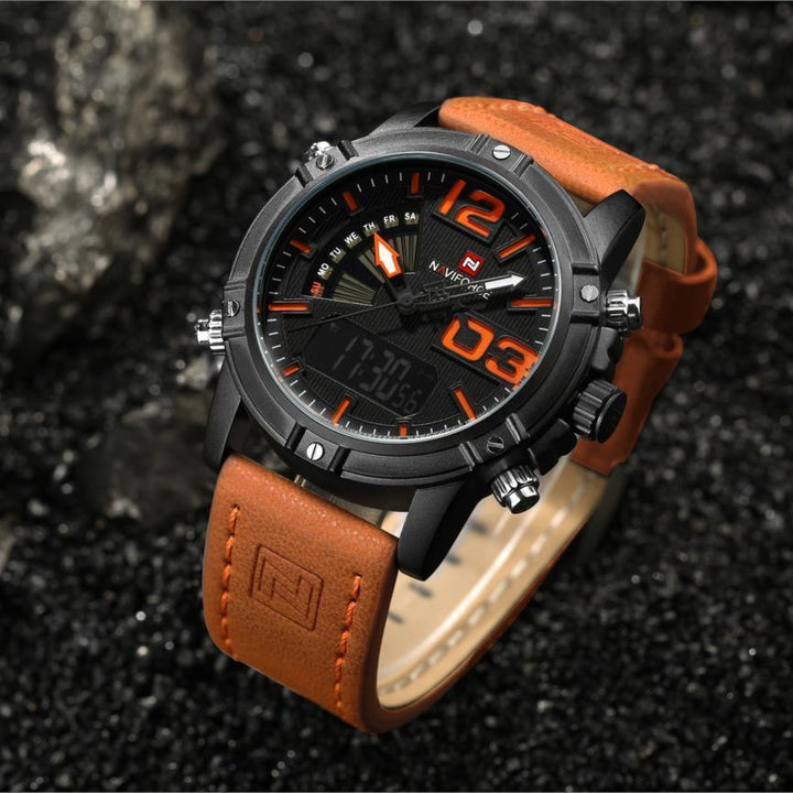 Naviforce- NF9095 Men's Waterproof Leather Strap Watch With Branded Naviforce Box Orange Black