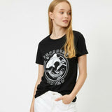 KOTON- Womens Black Cotton Short Sleeve Crew Neck Printed T-Shirt