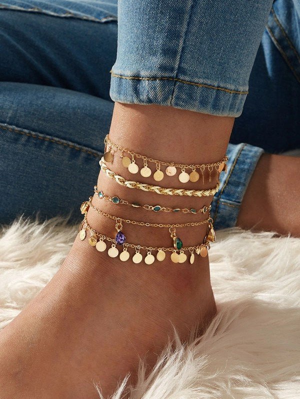 Shein 5 Piece Dis & Rhinestone Decor Chain Anklet